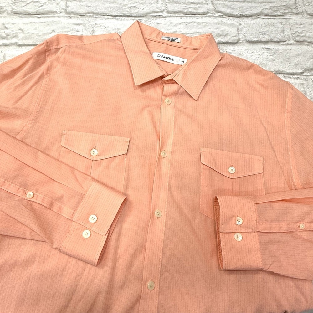 Calvin Klein CK Mens L long Sleeve Dress Shirt Button Up Apricot Peach Pinstripe